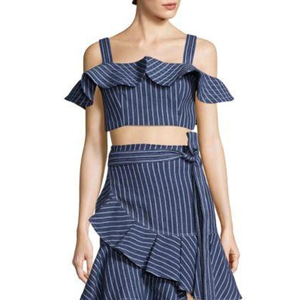 ALEXIS Denim Ruffle Benta Cropped Top & Skirt Set Blue Stripe Women's Size S